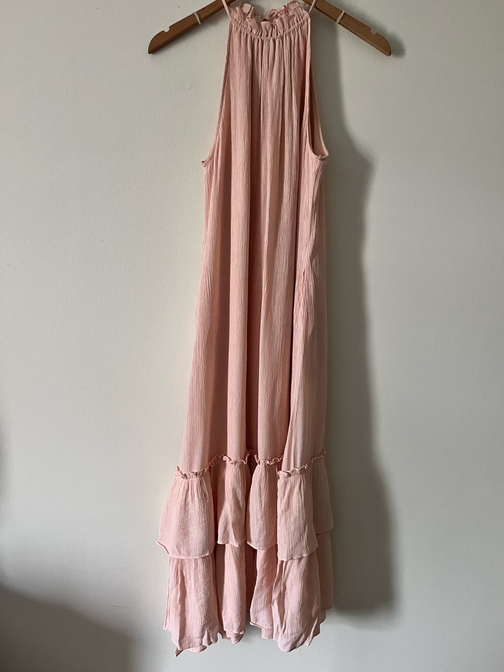 la february Soft Blush Pink Crinkle Halter Ruffled Tiered Maxi Dress Boho L